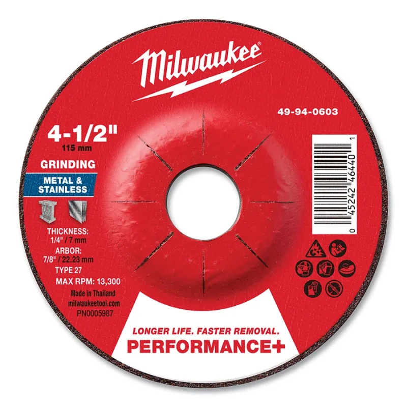 Type 27 Performance+ Metal Grinding Wheel, 4.5 in dia, 1/4 in Thickness, 7/8 in Arbor dia, 24 Grit, Zirconia Alumina, 10/PK