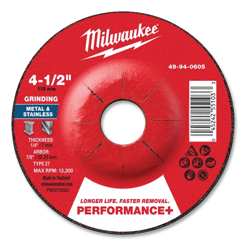 Type 27 Performance+ Metal Grinding Wheel, 4.5 in dia, 1/4 in Thickness, 7/8 in Arbor dia, 24 Grit, Zirconia Alumina, 25/PK