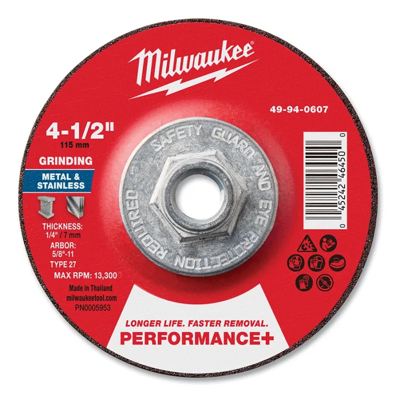 Type 27 Performance+ Metal Grinding Wheel, 4.5 in dia, 1/4 in Thickness, 5/8 in Arbor dia, 24 Grit, Zirconia Alumina