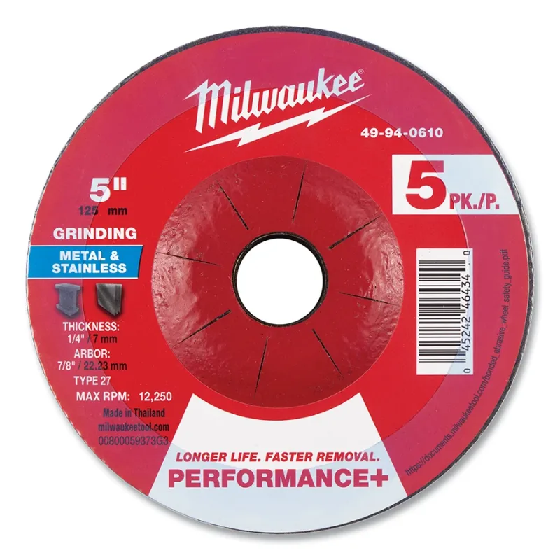 Type 27 Performance+ Metal Grinding Wheel, 5 in dia, 1/4 in Thickness, 7/8 in Arbor dia, 24 Grit, Zirconia Alumina, 5/PK