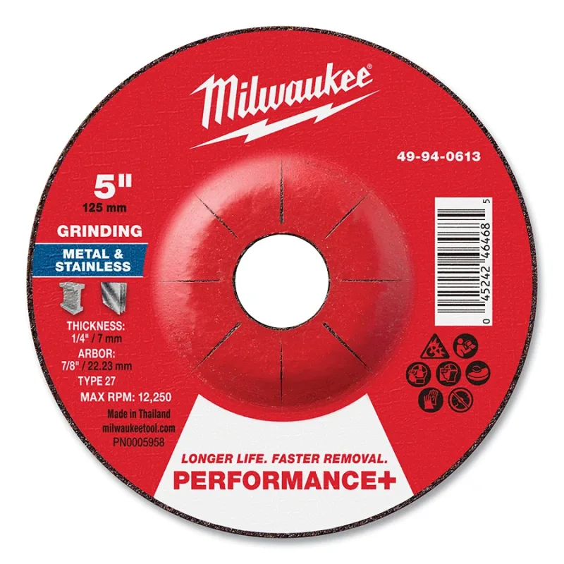 Type 27 Performance+ Metal Grinding Wheel, 5 in dia, 1/4 in Thickness, 7/8 in Arbor dia, 24 Grit, Zirconia Alumina, 10/PK