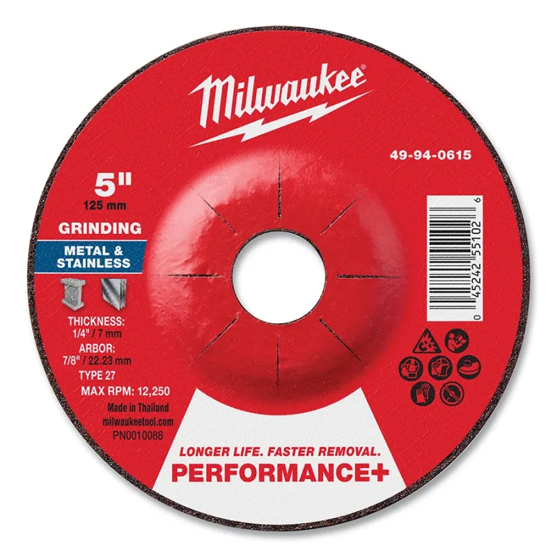 Type 27 Performance+ Metal Grinding Wheel, 5 in dia, 1/4 in Thickness, 7/8 in Arbor dia, 24 Grit, Zirconia Alumina, 25/PK