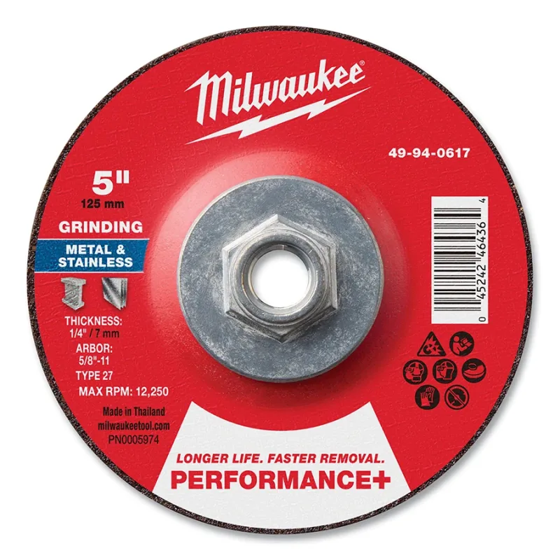 Type 27 Performance+ Metal Grinding Wheel, 5 in dia, 1/4 in Thickness, 5/8 in Arbor dia, 24 Grit, Zirconia Alumina