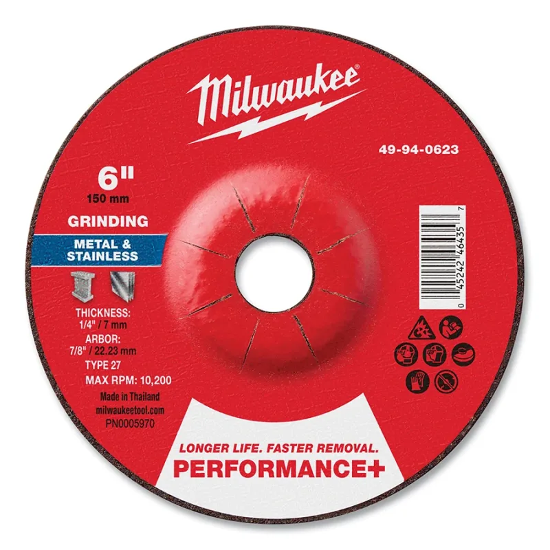 Type 27 Performance+ Metal Grinding Wheel, 6 in dia, 1/4 in Thickness, 7/8 in Arbor dia, 24 Grit, Zirconia Alumina, 10/PK