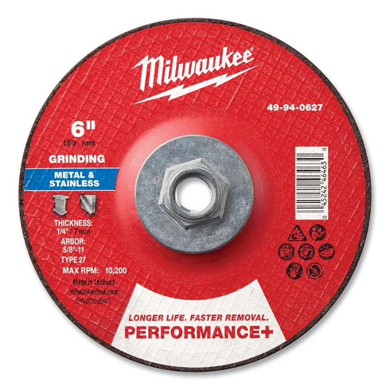 Type 27 Performance+ Metal Grinding Wheel, 6 in dia, 1/4 in Thickness, 7/8 in Arbor dia, 24 Grit, Zirconia Alumina, 5/PK