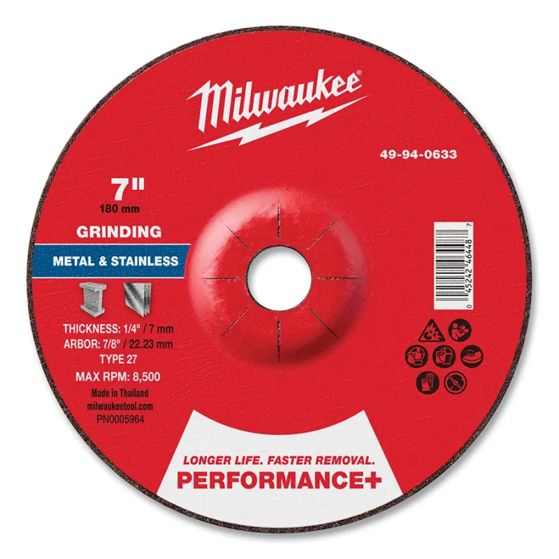 Type 27 Performance+ Metal Grinding Wheel, 7 in dia, 1/4 in Thickness, 7/8 in Arbor dia, 24 Grit, Zirconia Alumina