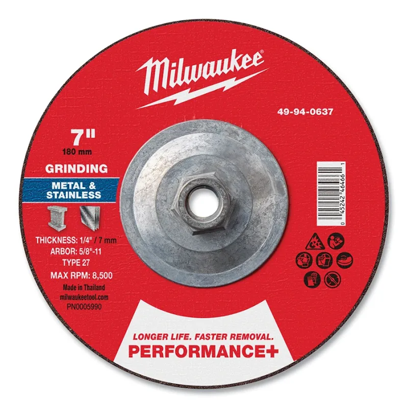Type 27 Performance+ Metal Grinding Wheel, 7 in dia, 1/4 in Thickness, 5/8 in Arbor dia, 24 Grit, Zirconia Alumina