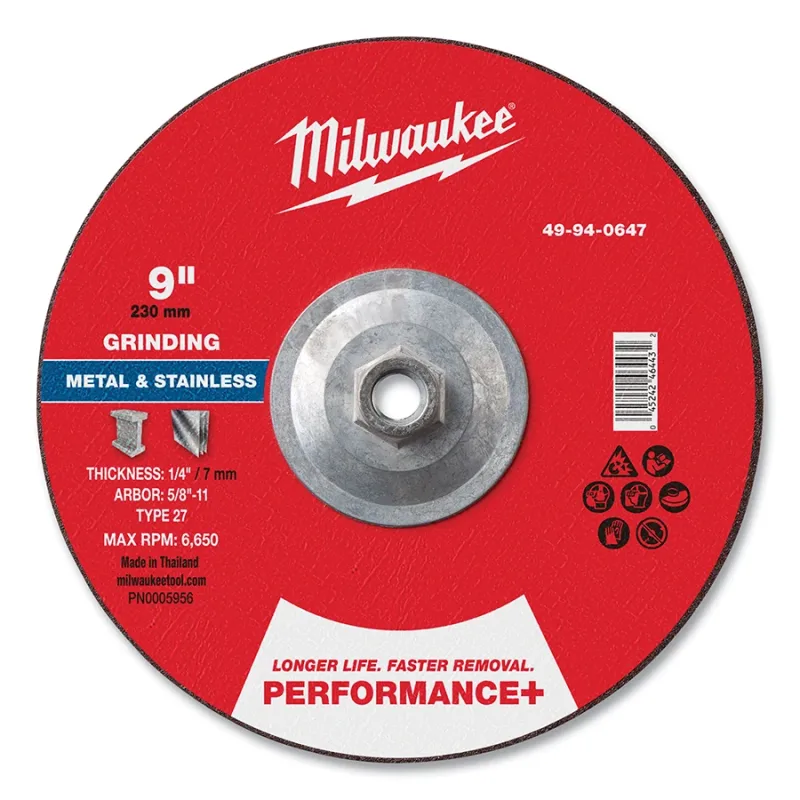 Type 27 Performance+ Metal Grinding Wheel, 9 in dia, 1/4 in Thickness, 5/8 in Arbor dia, 30 Grit, Zirconia Alumina