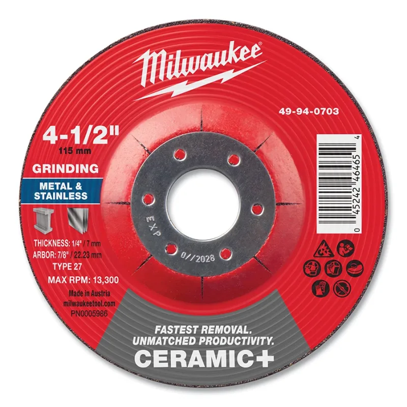 Type 27 Ceramic+ Metal Grinding Wheel, 4.5 in dia, 1/4 in Thickness, 7/8 in Arbor dia, 24 Grit, Ceramic Grain