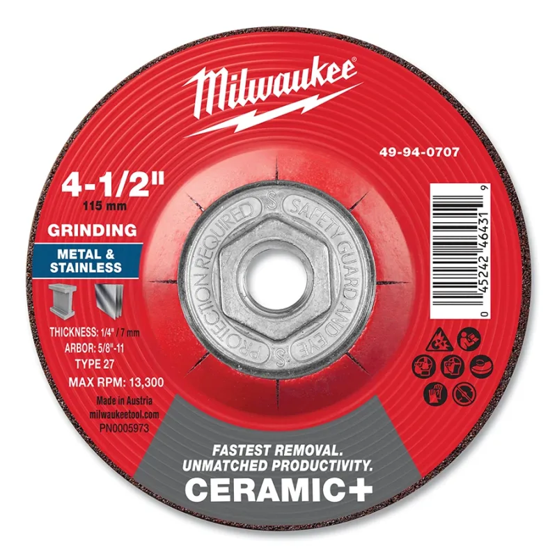 Type 27 Ceramic+ Metal Grinding Wheel, 4.5 in dia, 1/4 in Thickness, 5/8 in Arbor dia, 24 Grit, Ceramic Grain