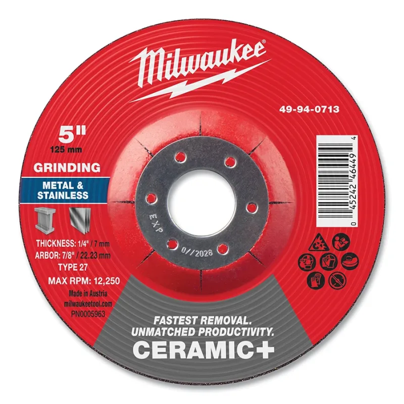 Type 27 Ceramic+ Metal Grinding Wheel, 5 in dia, 1/4 in Thickness, 7/8 in Arbor dia, 24 Grit, Ceramic Grain