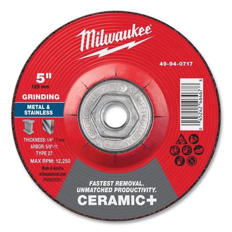 Type 27 Ceramic+ Metal Grinding Wheel, 5 in dia, 1/4 in Thickness, 5/8 in Arbor dia, 24 Grit, Ceramic Grain