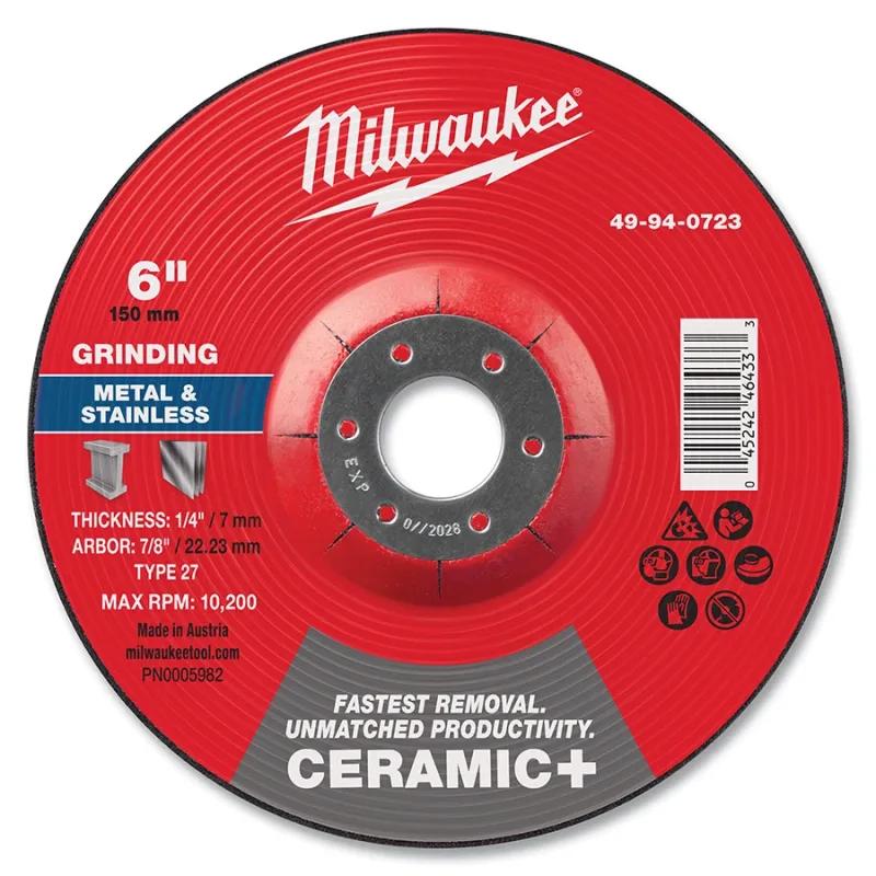 Type 27 Ceramic+ Metal Grinding Wheel, 6 in dia, 1/4 in Thickness, 7/8 in Arbor dia, 24 Grit, Ceramic Grain