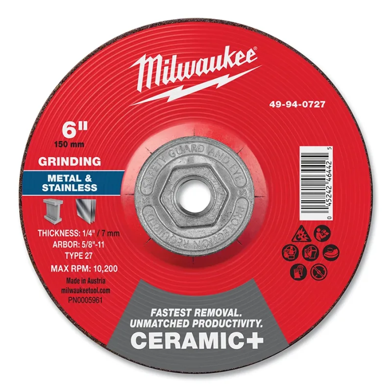 Type 27 Ceramic+ Metal Grinding Wheel, 6 in dia, 1/4 in Thickness, 5/8 in Arbor dia, 24 Grit, Ceramic Grain