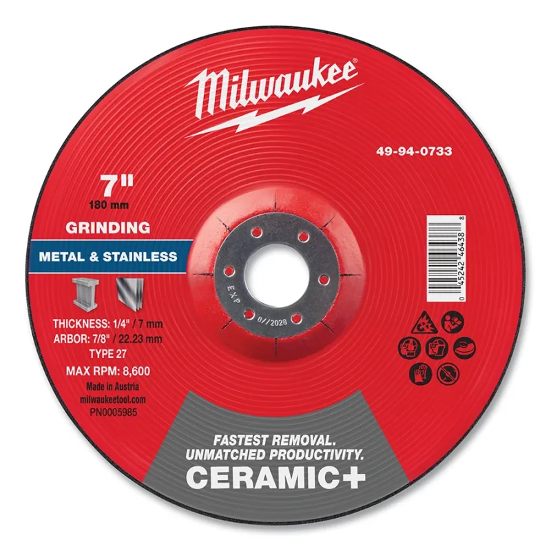 Type 27 Ceramic+ Metal Grinding Wheel, 7 in dia, 1/4 in Thickness, 7/8 in Arbor dia, 24 Grit, Ceramic Grain