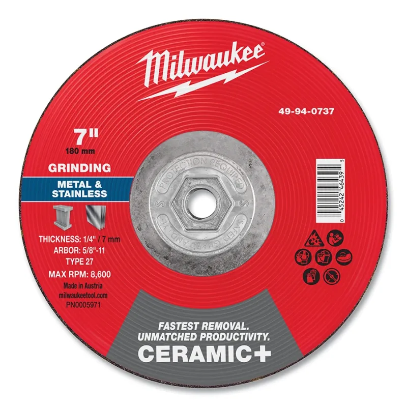 Type 27 Ceramic+ Metal Grinding Wheel, 7 in dia, 1/4 in Thickness, 5/8 in Arbor dia, 24 Grit, Ceramic Grain