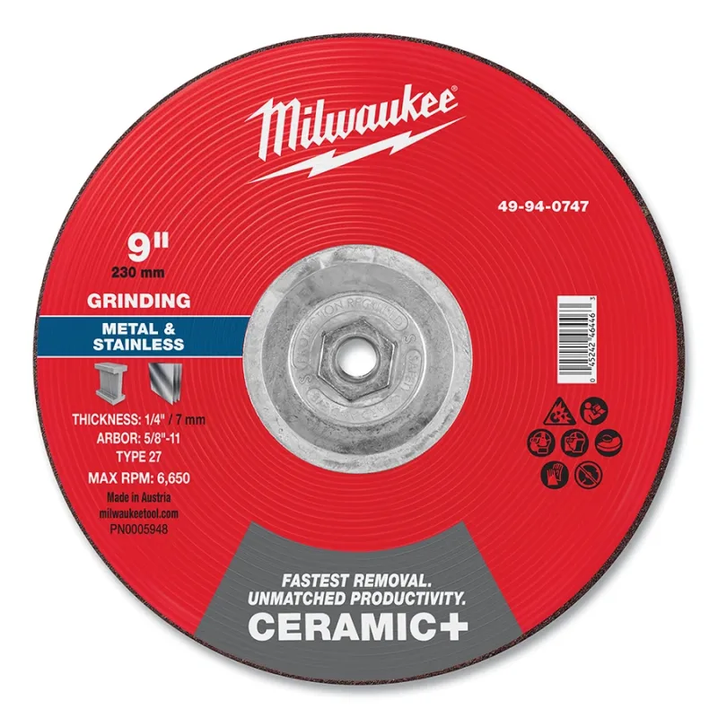 Type 27 Ceramic+ Metal Grinding Wheel, 9 in dia, 1/4 in Thickness, 5/8 in Arbor dia, 50/100 Grit, Ceramic Grain