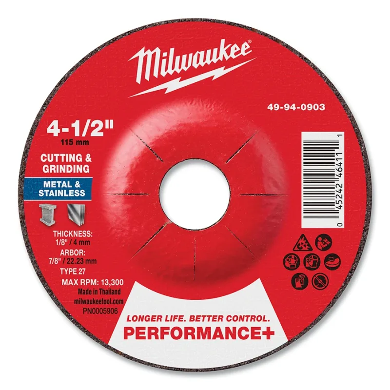 Type 27 Performance+ Dual Metal Cut and Grind Wheel, 4.5 in dia, 1/8 in Thickness, 7/8 in Arbor dia, 24 Grit