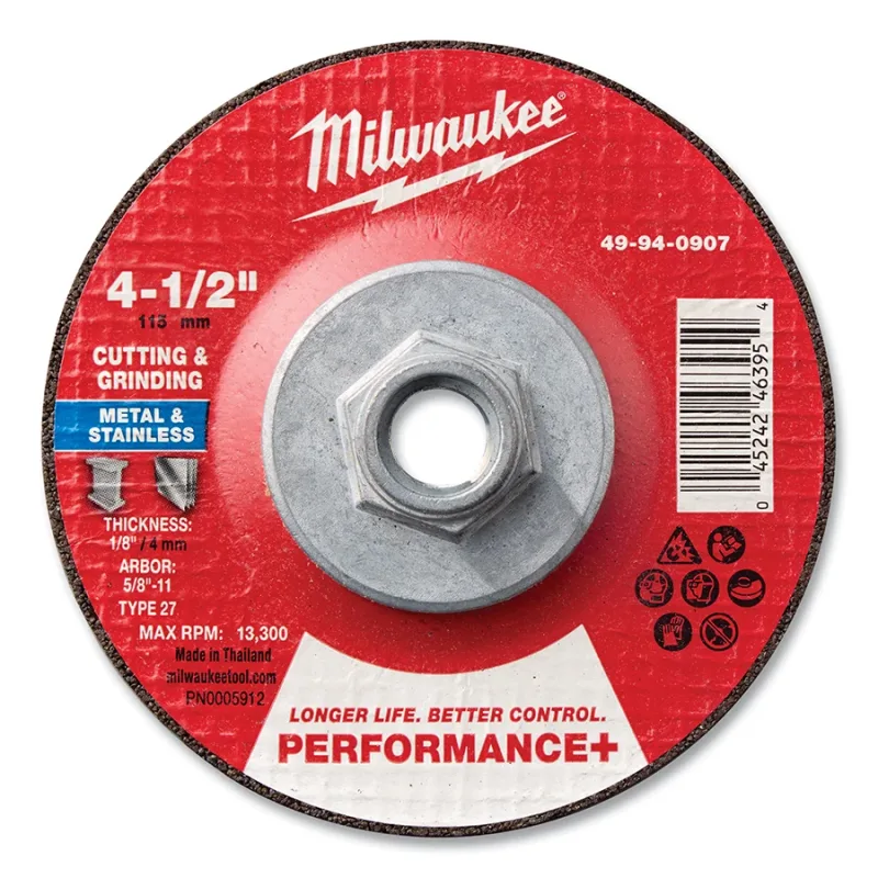 Type 27 Performance+ Dual Metal Cut and Grind Wheel, 4.5 in dia, 1/8 in Thickness, 5/8 in Arbor dia, 24 Grit