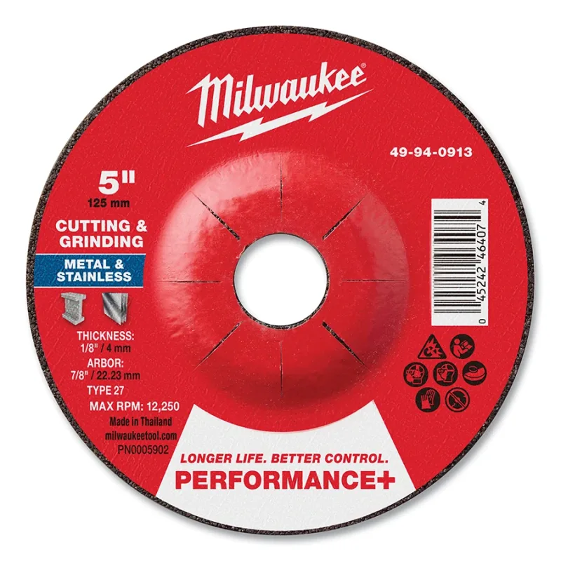 Type 27 Performance+ Dual Metal Cut and Grind Wheel, 5 in dia, 1/8 in Thickness, 7/8 in Arbor dia, 24 Grit, Premium Zirconia