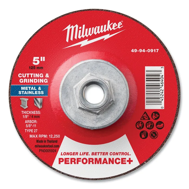 Type 27 Performance+ Dual Metal Cut and Grind Wheel, 5 in dia, 1/8 in Thickness, 5/8 in Arbor dia, 24 Grit, Premium Zirconia
