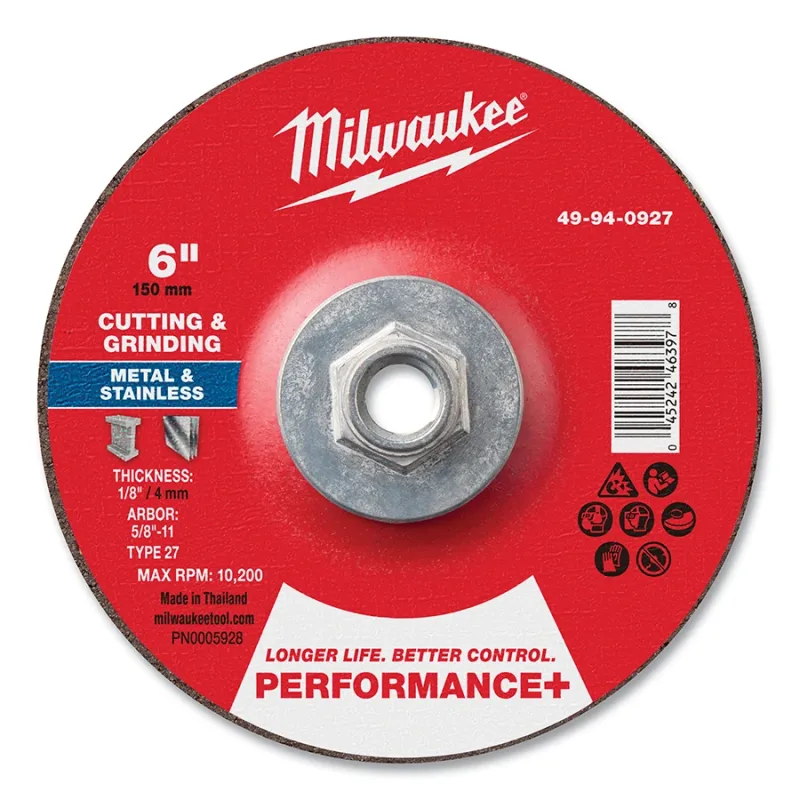 Type 27 Performance+ Dual Metal Cut and Grind Wheel, 6 in dia, 1/8 in Thickness, 5/8 in Arbor dia, 24 Grit, Premium Zirconia