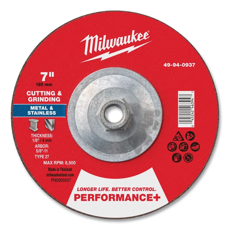 Type 27 Performance+ Dual Metal Cut and Grind Wheel, 7 in dia, 1/8 in Thickness, 5/8 in Arbor dia, 24 Grit, Premium Zirconia