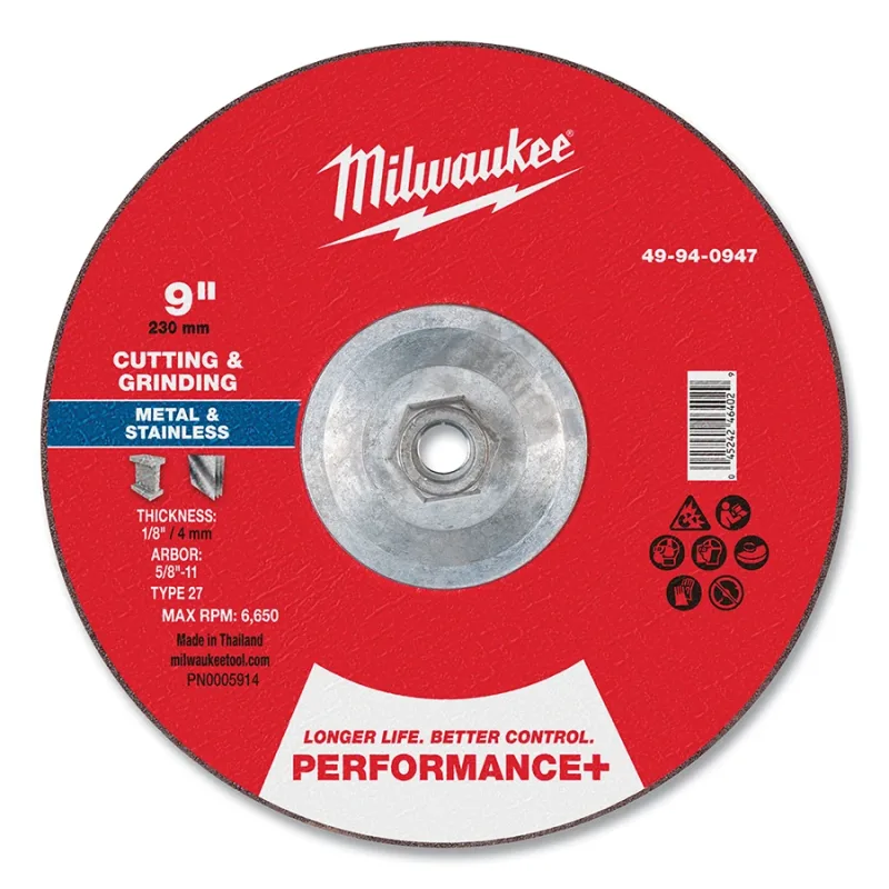Type 27 Performance+ Dual Metal Cut and Grind Wheel, 9 in dia, 1/8 in Thickness, 5/8 in Arbor dia, 24 Grit, Premium Zirconia