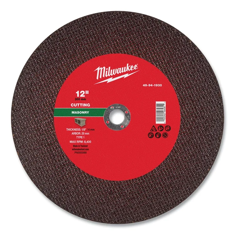 Type 1 Masonry High-Speed Saw Cut-Off Wheel, 12 in dia, 1/8 in Thickness, 20 mm Arbor dia, 30 Grit, Silicon Carbide