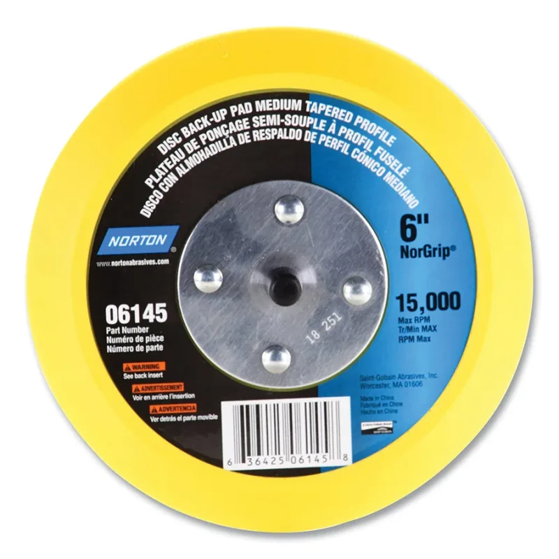 Tapered Hook-and-Loop Disc Back-Up Pad, 6 in dia, Hook-and-Loop, Threaded Shaft, 15000 RPM