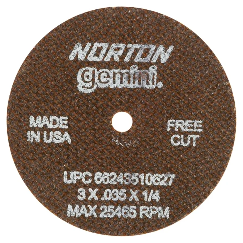 Gemini® Type 1 Reinforced Die Grinder Cut-Off Wheel, 3 in dia, 0.035 in Thick, 1/4 in Arbor, 60 Grit, Aluminum Oxide