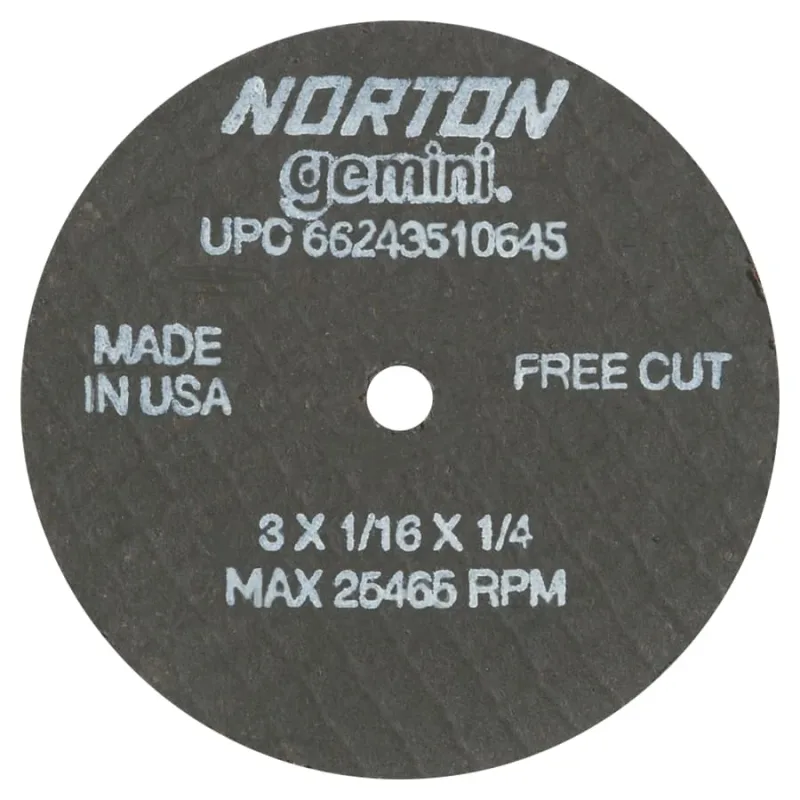 Gemini® Type 1 Reinforced Die Grinder Cut-Off Wheel, 3 in dia, 1/16 in Thick, 1/4 in Arbor, 36 Grit, Aluminum Oxide