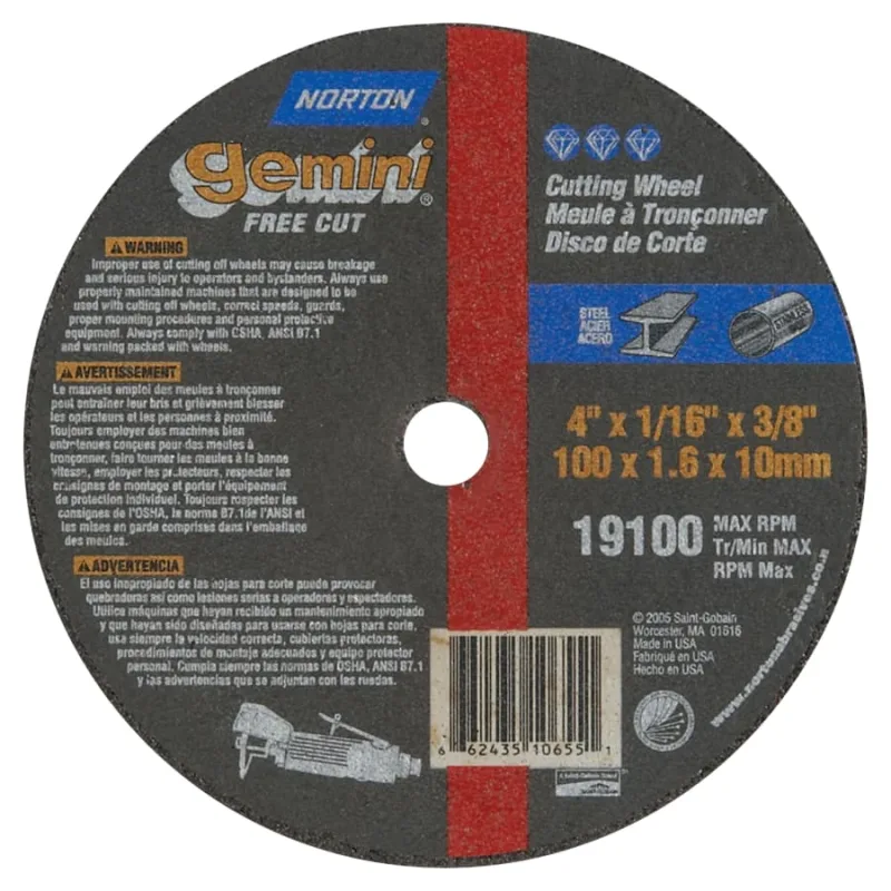 Gemini® Type 1 Reinforced Die Grinder Cut-Off Wheel, 4 in dia, 1/16 in Thick, 3/8 in Arbor, 36 Grit, Aluminum Oxide