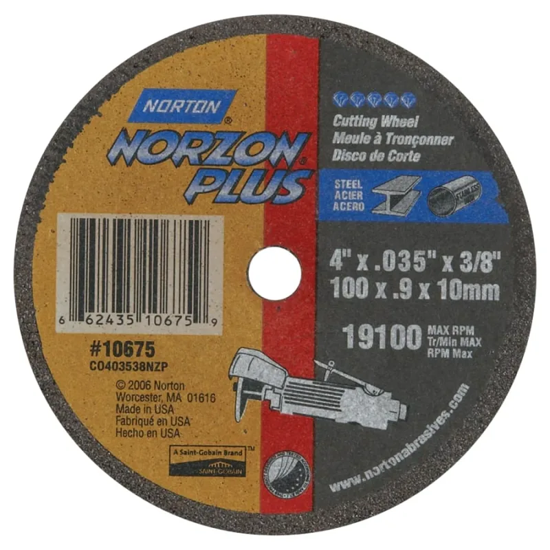 Type 01 NorZon Plus Reinforced Die Grinder Cut-Off Wheel, 4 in Dia, .035 in Thick, Zirconia/Ceramic Alum.