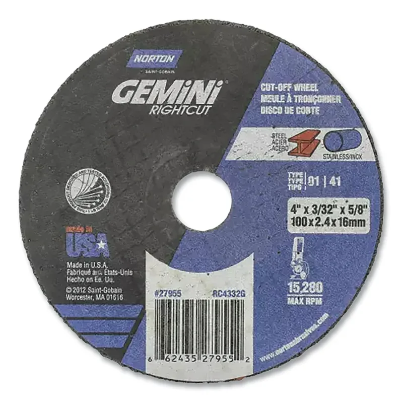 Gemini® RightCut™ Right Angle Cut-Off Wheel, Type 1, 4-1/2 in dia, 3/32 in Thick, 7/8 in Arbor, 46 Grit, Aluminum Oxide