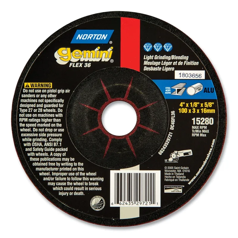 Gemini® Flexible A AO Type 27 Grinding Wheel, 4-1/2 in dia x 7/8 in Arbor x 1/8 in Thick, 12000 RPM