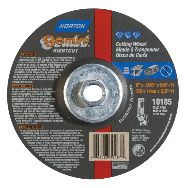 Gemini® RightCut™ Right Angle Cut-Off Wheel, Type 27/42, 6 in dia x 0.045 in Thick x 5/8 in-11 Arbor, 1 EA/EA