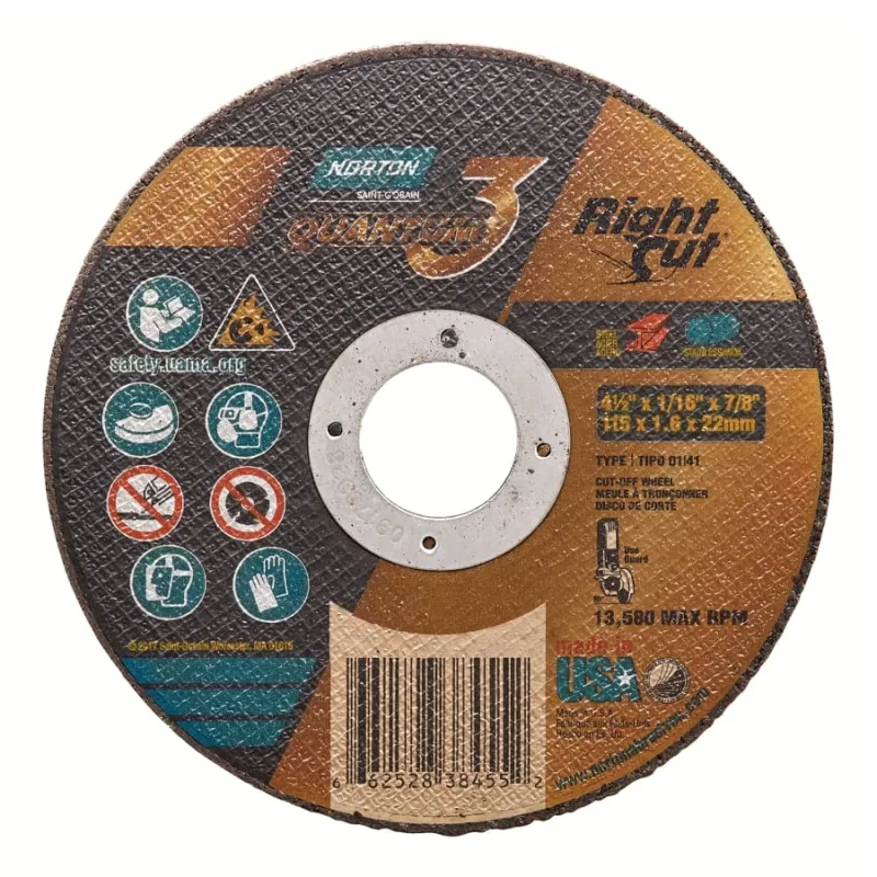 Quantum3 RightCut SG CA Type 01/41 Small Diameter Cut-Off Wheel, 4-1/2 in dia, 1/16 in Thick, 7/8 in Arbor, 36 Grit