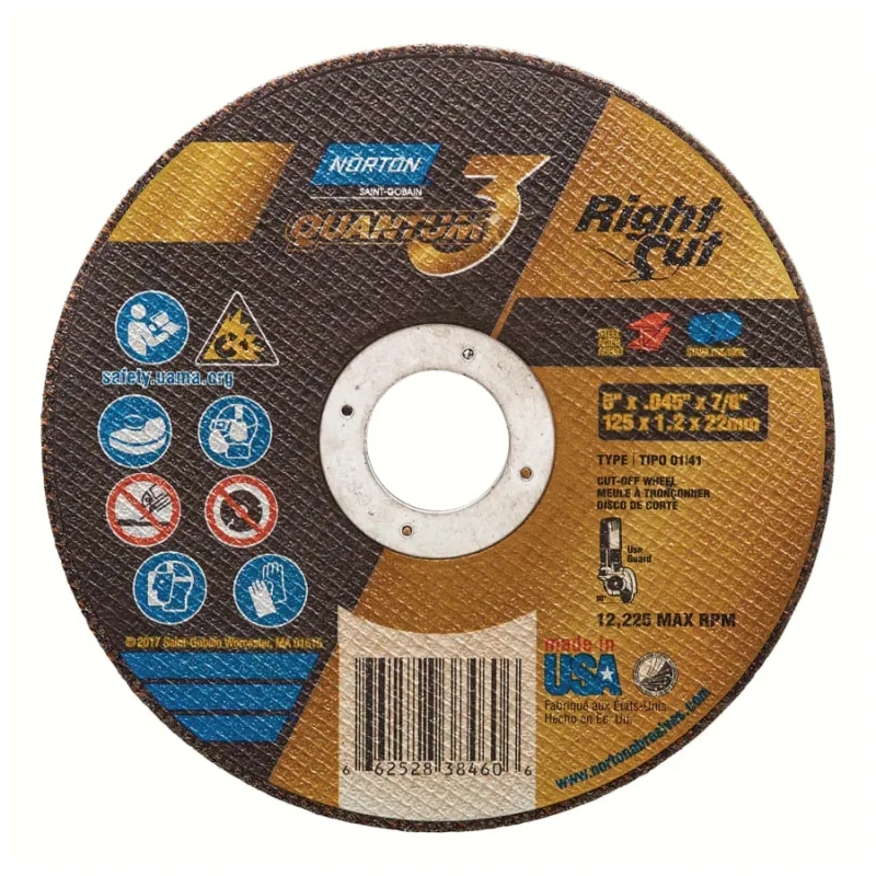 Quantum3 RightCut SG CA Type 01/41 Small Diameter Cut-Off Wheel, 5 in dia, 0.045 Thick, 7/8 in Arbor, 46 Grit