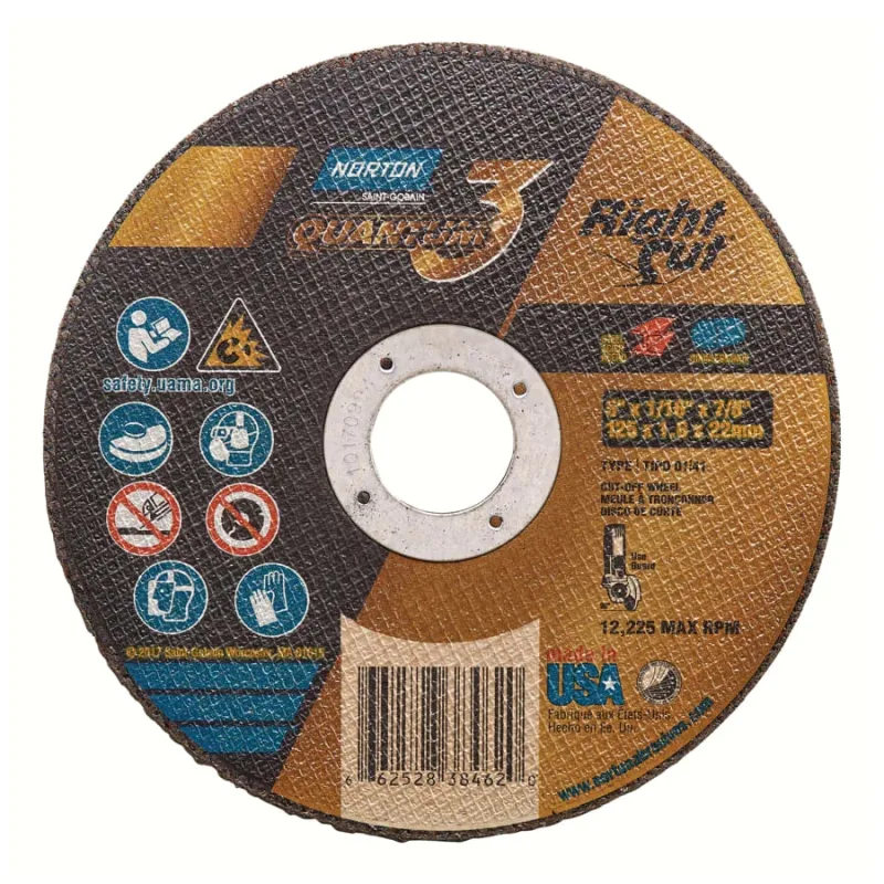 Quantum3 RightCut SG CA Type 01/41 Small Diameter Cut-Off Wheel, 5 in dia, 1/16 in Thick, 7/8 in Arbor, 36 Grit