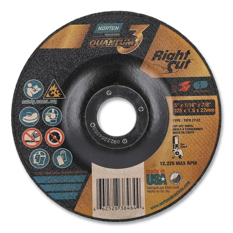 Quantum3 RightCut SG CA Type 27/42 Right Angle Cut-Off Wheel, 5 in dia, 1/16 in Thick, 7/8 in Arbor, 36 Grit