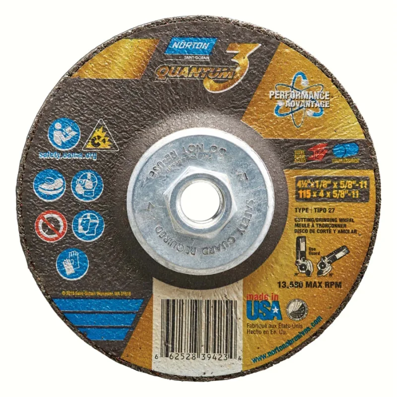 Quantum3 SG CA Type 27 Grinding Wheel, 4-1/2 in dia, 1/8 in Thick, 5/8 in - 11 Arbor, 24 Grit, Ceramic Alumina