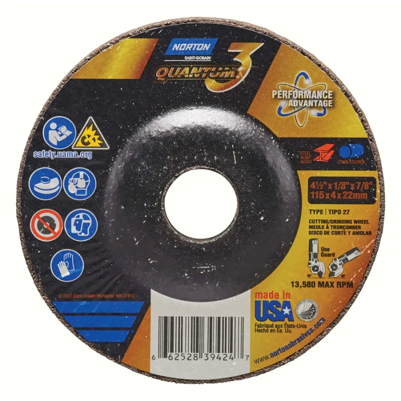 Quantum3 SG CA Type 27 Grinding Wheel, 4-1/2 in dia, 1/8 in Thick, 7/8 in Arbor, 24 Grit, Ceramic Alumina