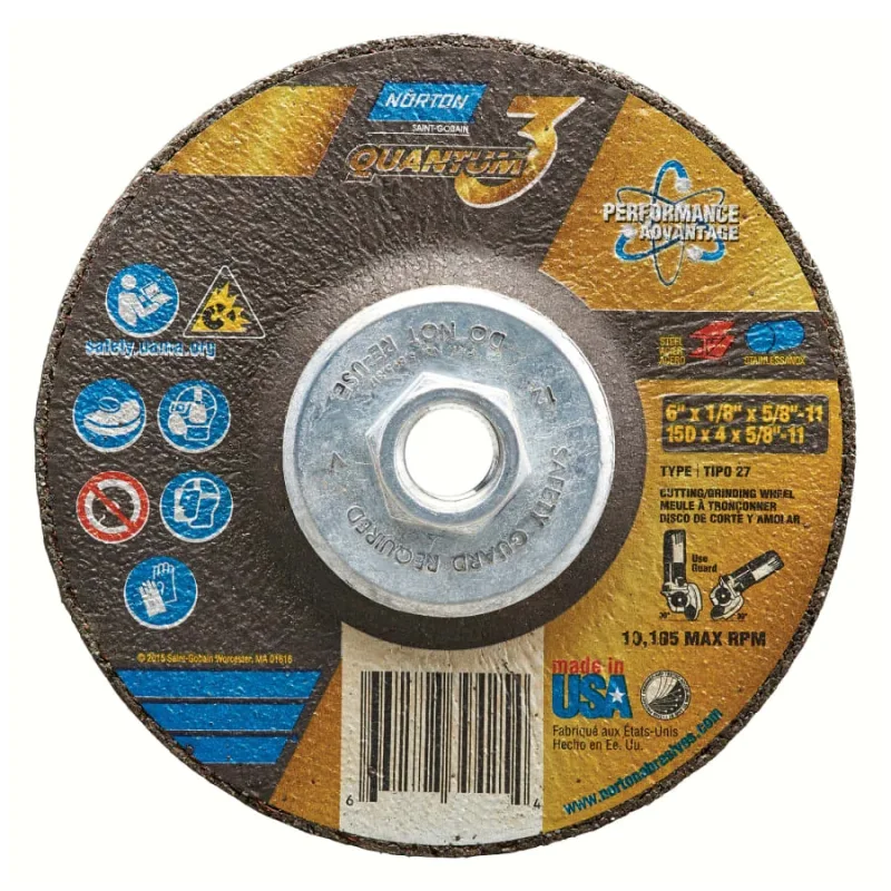 Quantum3 SG CA Type 27 Grinding Wheel, 6 in dia, 1/8 in Thick, 5/8 in Arbor, 24 Grit, Ceramic Alumina