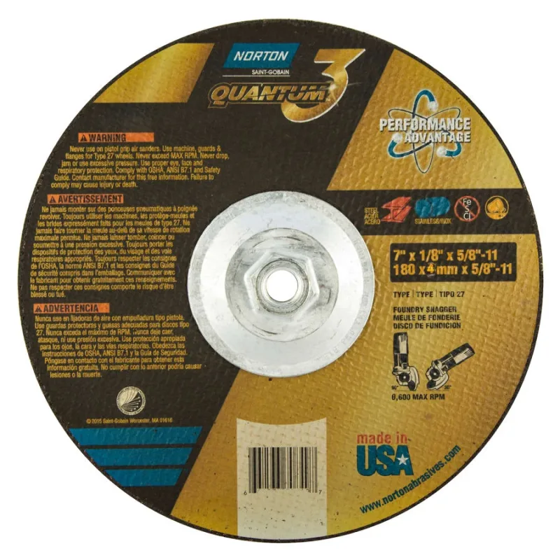 Quantum3 SG CA Type 27 Grinding Wheel, 7 in dia, 1/8 in Thick, 5/8 in Arbor, 24 Grit, Ceramic Alumina