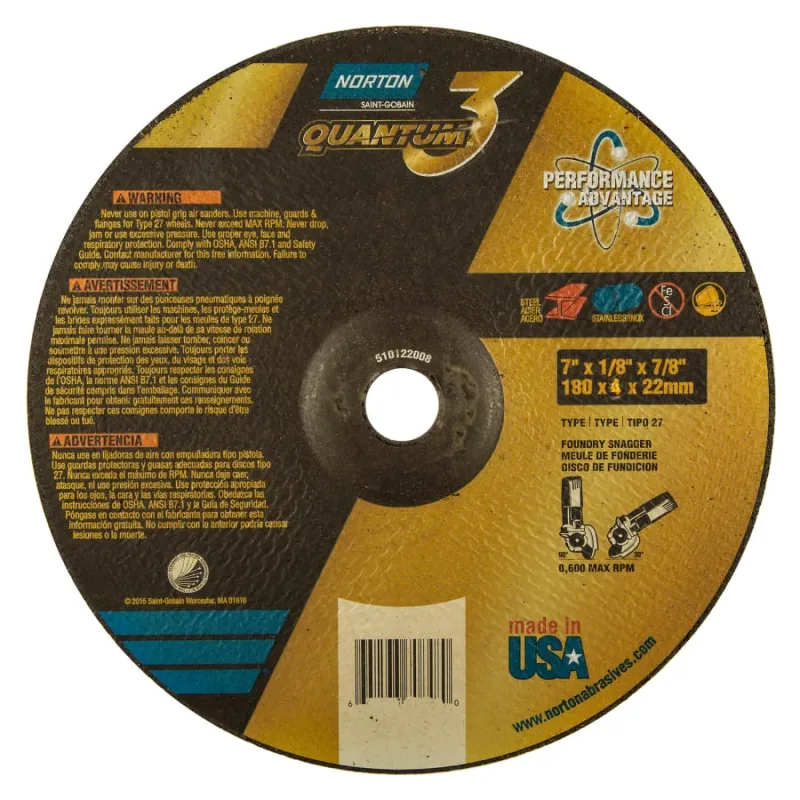 Quantum3 SG CA Type 27 Grinding Wheel, 7 in dia, 1/8 in Thick, 7/8 in Arbor, 24 Grit, Ceramic Alumina