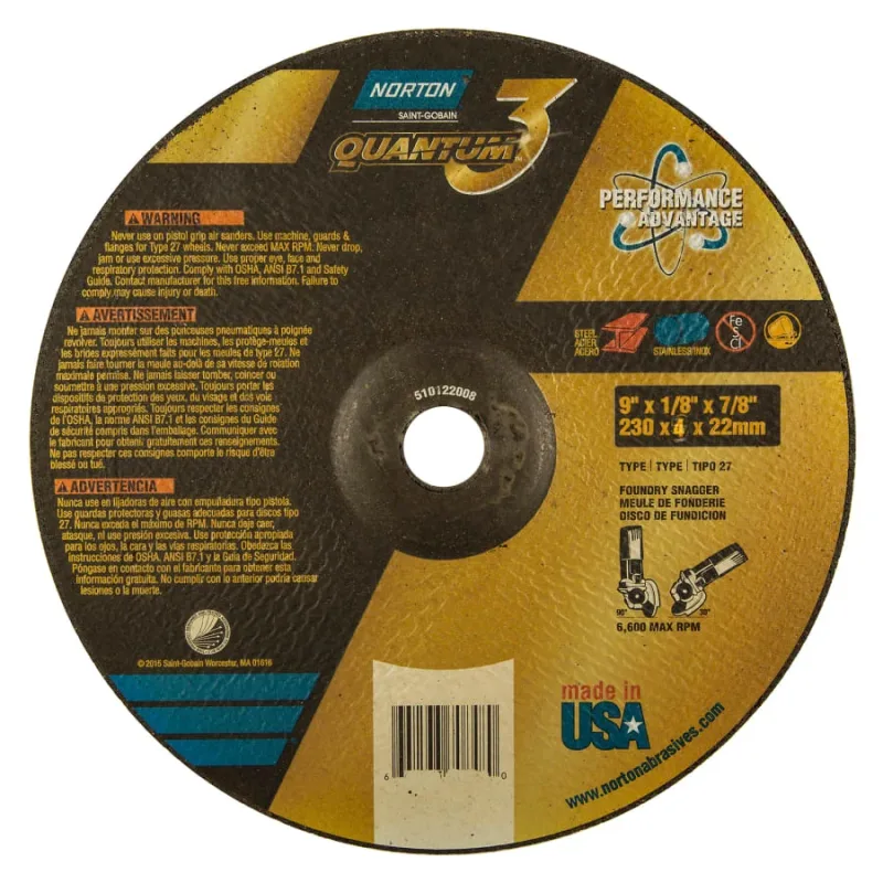 Quantum3 SG CA Type 27 Grinding Wheel, 9 in dia, 1/8 in Thick, 7/8 in Arbor, 24 Grit, Ceramic Alumina