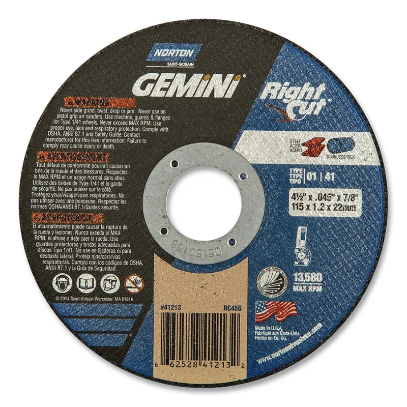 Gemini® RightCut™ Right Angle Cut-Off Wheel, Type 01/41, 4-1/2 in dia x 0.045 in Thick x 7/8 in Arbor, 50 EA/PK