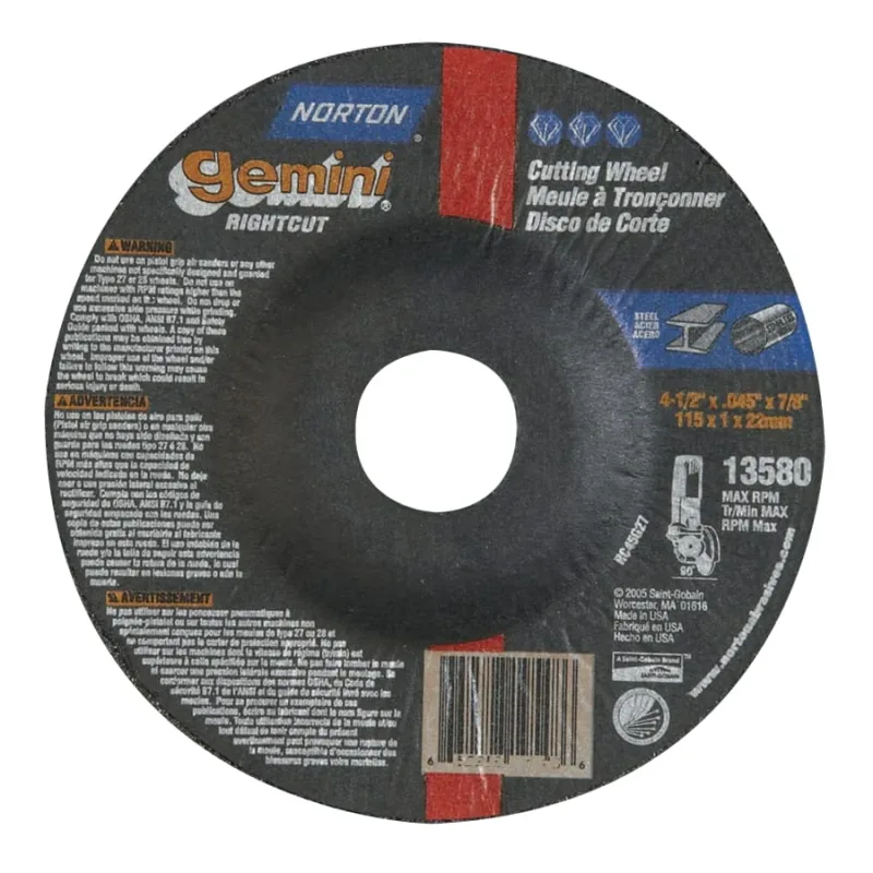 Gemini® RightCut™ Right Angle Cut-Off Wheel, Type 27/42, 4-1/2 in dia x 0.045 in Thick x 7/8 in Arbor, 25 EA/PK