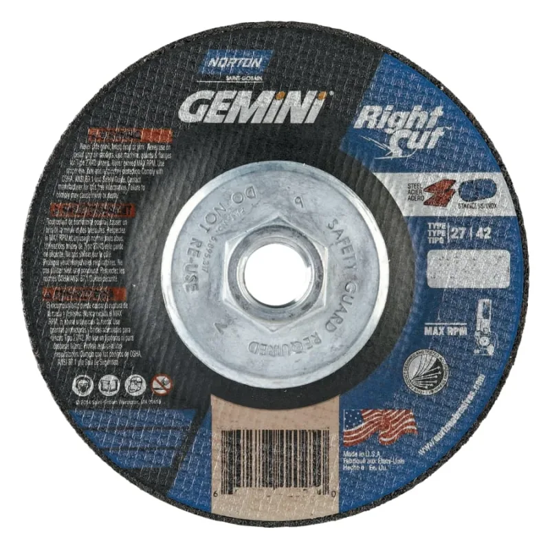 Gemini® RightCut™ Right Angle Cut-Off Wheel, Type 27/42, 7 in dia x 0.045 in Thick x 5/8 in-11 Arbor, 10 EA/PK